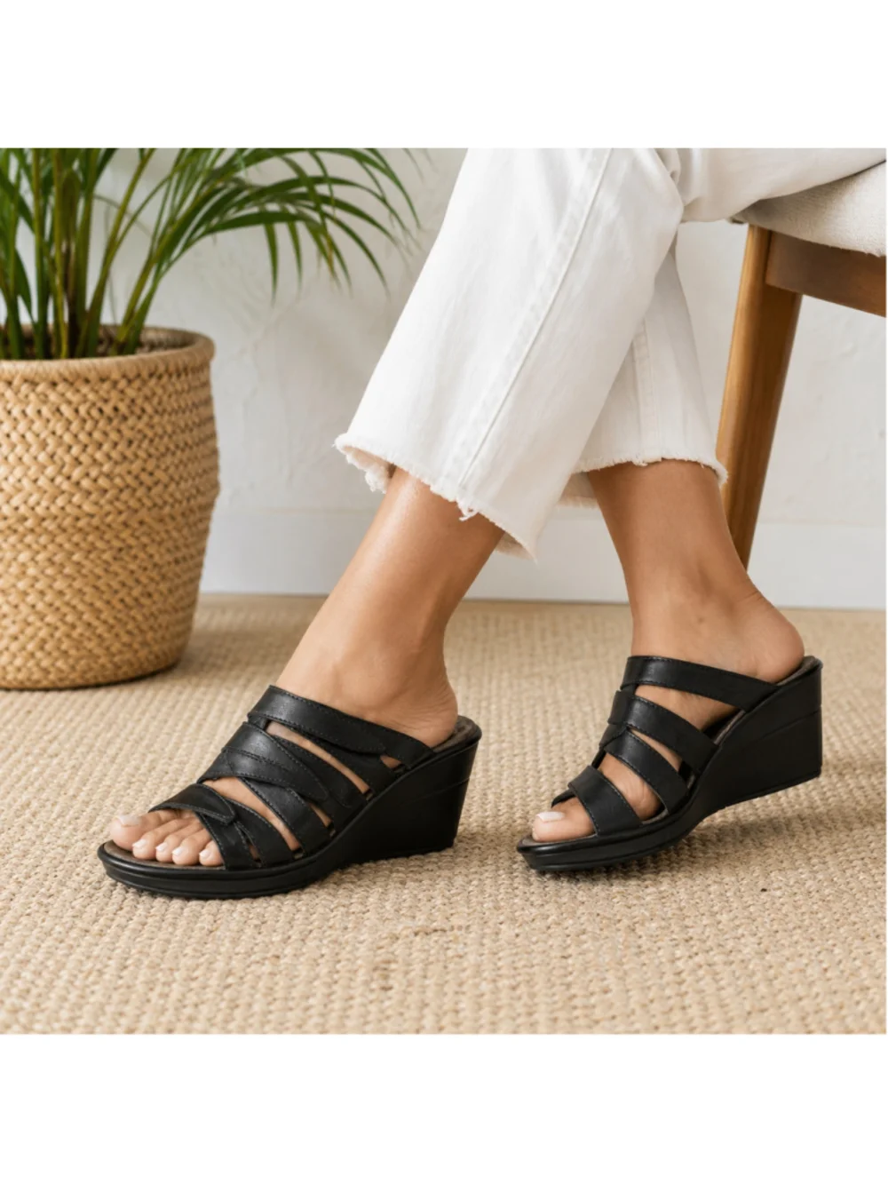 Propét Black Leather Wedge Slide Sandals Women’s 7.5 M Comfort Strappy